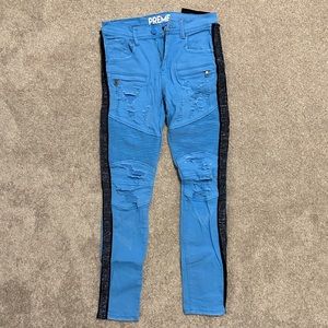 Blue Preme Jeans with encrusted detailing on the sides